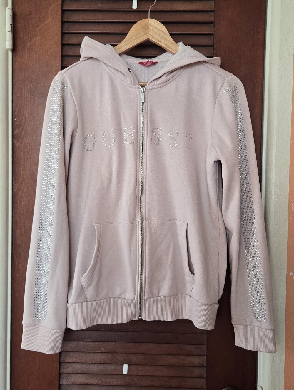 Guess Pink Hoodie With Silver Rhinestone Logo And Sleeves M